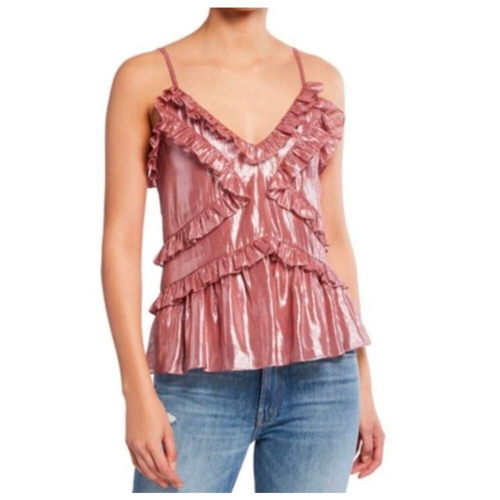 Rebecca Taylor metallic pink silk & lurex ruffled cami tank womens 10